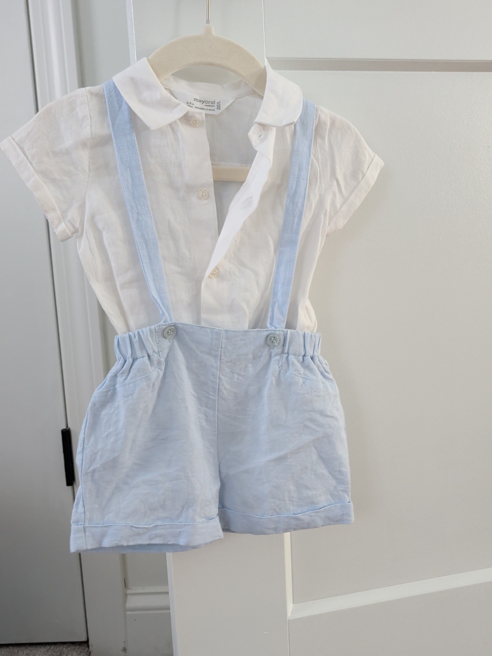 Mayoral White Button-Up & Light Blue Suspender Shorts Set